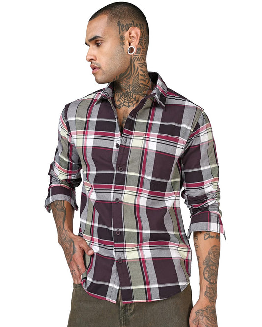 Bewakoof MenS Checked Regular Fit Full Sleeve Collar Cotton Twill Shirt_694516_Maroon_Xl