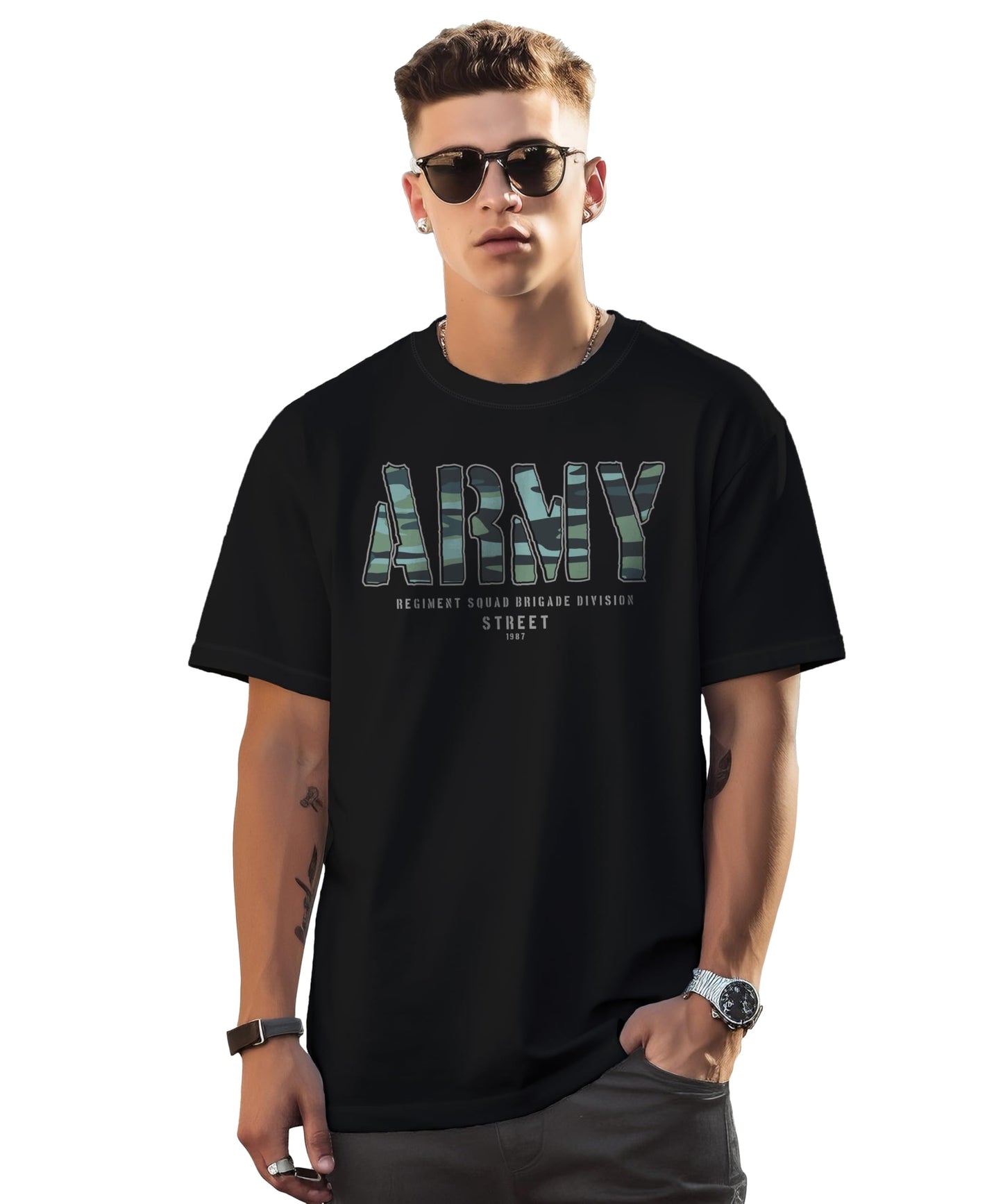 Peppyzone Mens Oversized Fit T-Shirt (PZ-OSTArmy112_Black