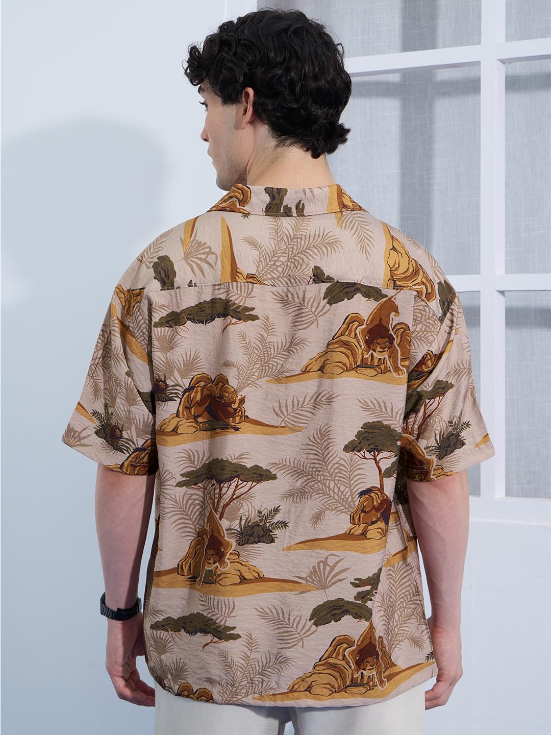 The Souled Store The Lion King: Kingdom Men and Boys Short Sleeves Collared Neck Button Front Brown All Over Printed Viscose Ble