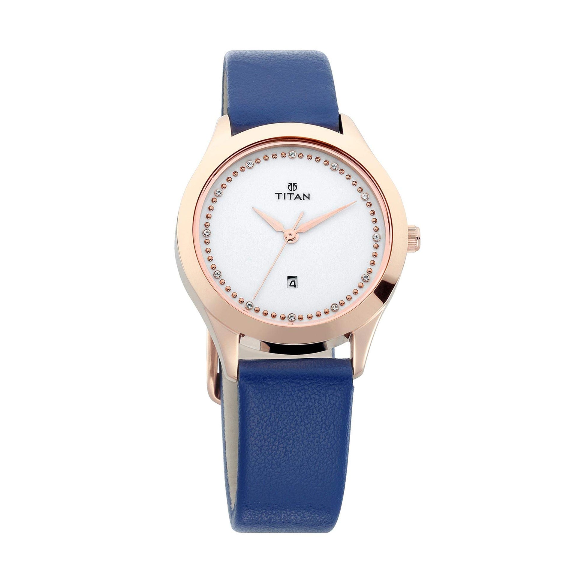 Titan Sparkle Womens Quartz Analog Watch - Royal Blue Leather Band - White Face With Rose Gold Hands And Swarovski Crystals