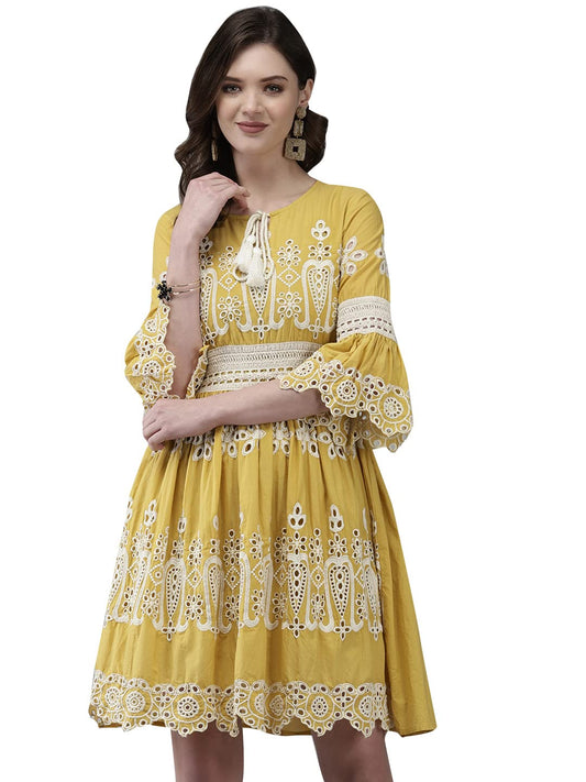 Ishin WomenS Cotton Mustard Schiffli Embroidered A-Line Dress