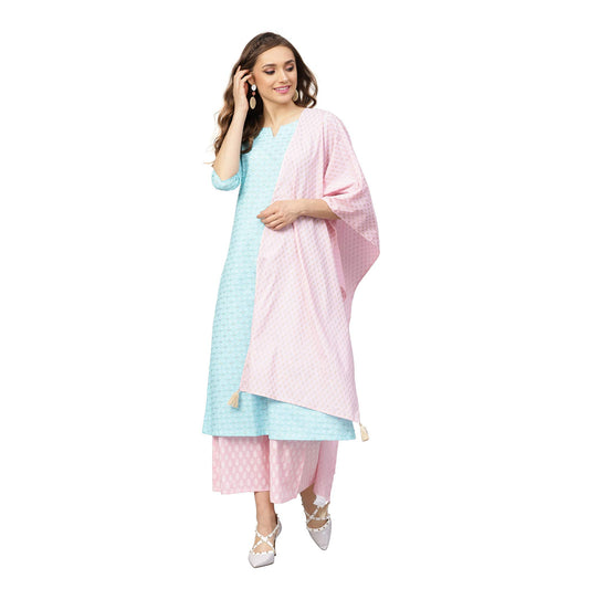idaLia White and Sky Blue Gold Print Kurta Set With Pant and Dupatta - Pure Cotton, 3/4 Sleeve, Round V Neck, Calf Length