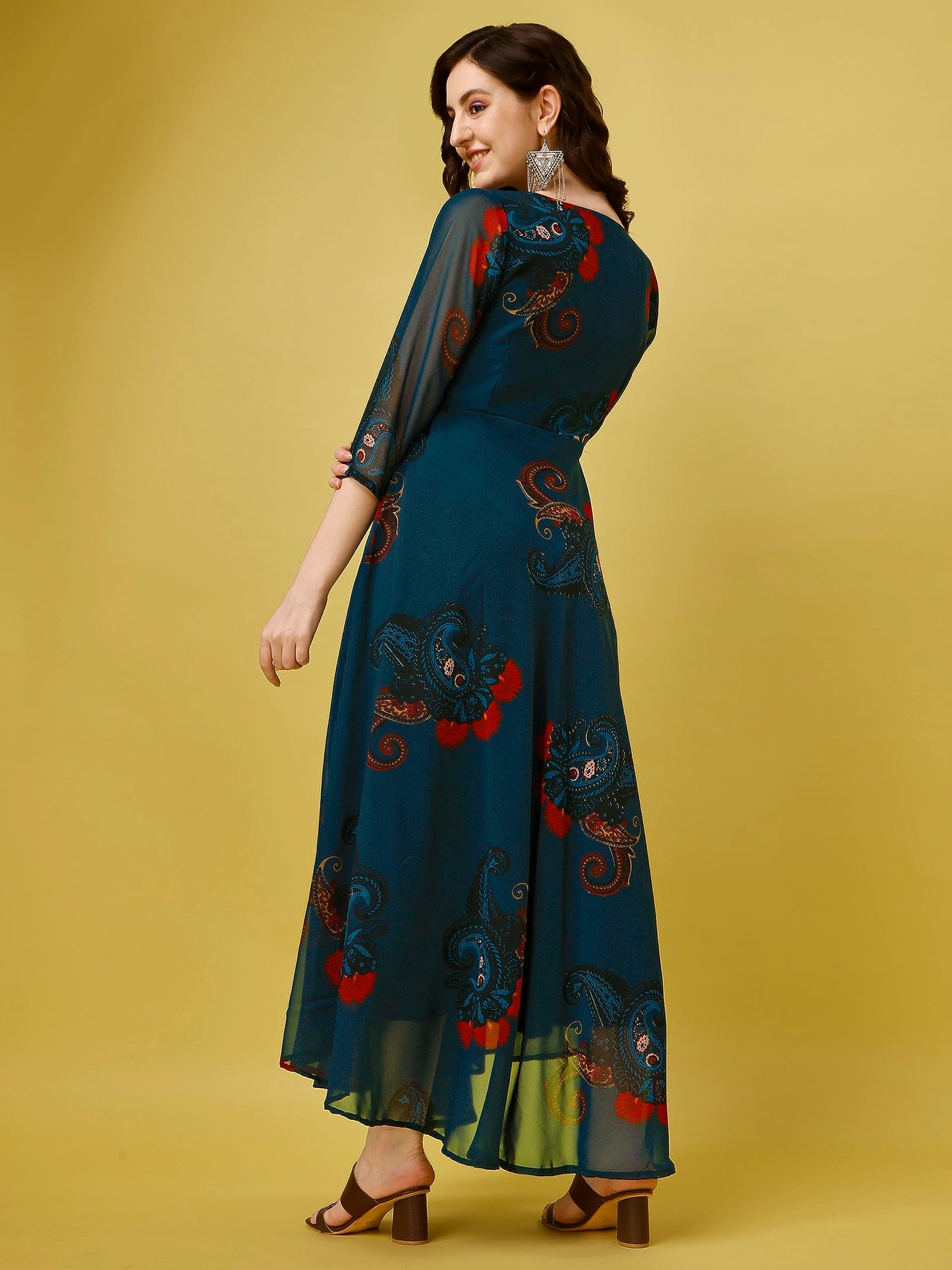 Fashion2Wear WomenS Georgette Casual Floral Digital Print V-Neck 3/4 Sleeve Knee-Length Fit & Flare Long Maxi Gown Dress For Gi