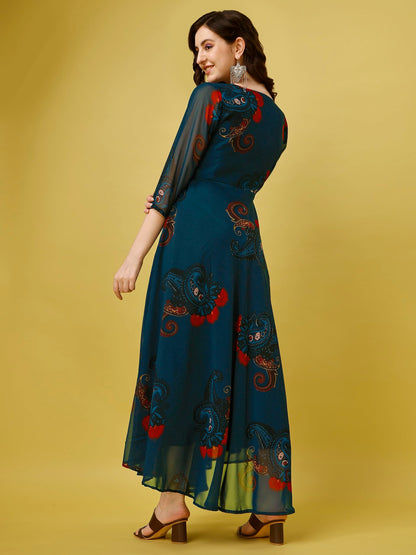 Fashion2Wear WomenS Georgette Casual Floral Digital Print V-Neck 3/4 Sleeve Knee-Length Fit & Flare Long Maxi Gown Dress For Gi