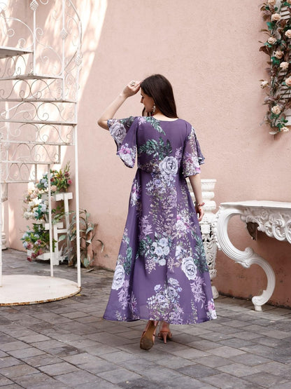 SMOWKLY Womens Georgette Floral Printed Indo-Western Ethnic Gown || Half Sleeve V Neck Fit & Flare Flared Hem Design || Casual