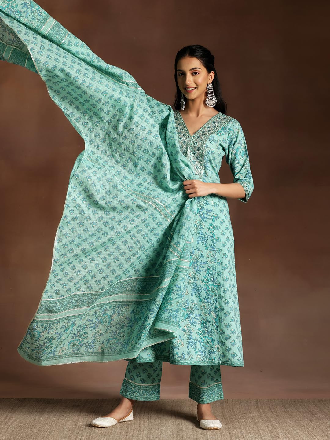 Libas Womens Printed Cotton A-Line Kurta With Trousers And Dupatta