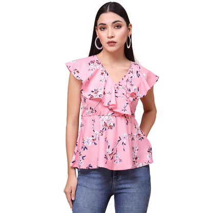 OOMPH! Womens Crepe Printed top with V-Neck and Ruffle Sleeve