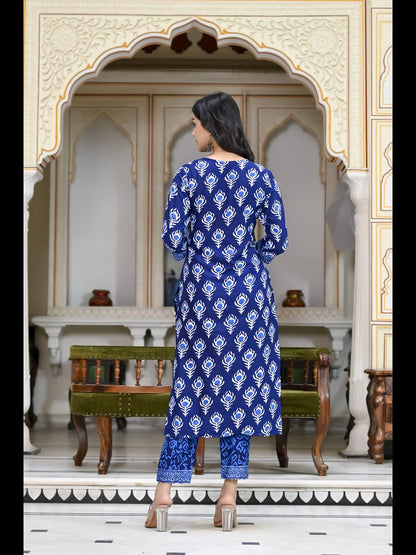 GoSriKi Women's Cotton Blend Floral Printed Straight Kurta with Pants & with Dupatta (Bulgeriya Blue-NW-CMD-GS)