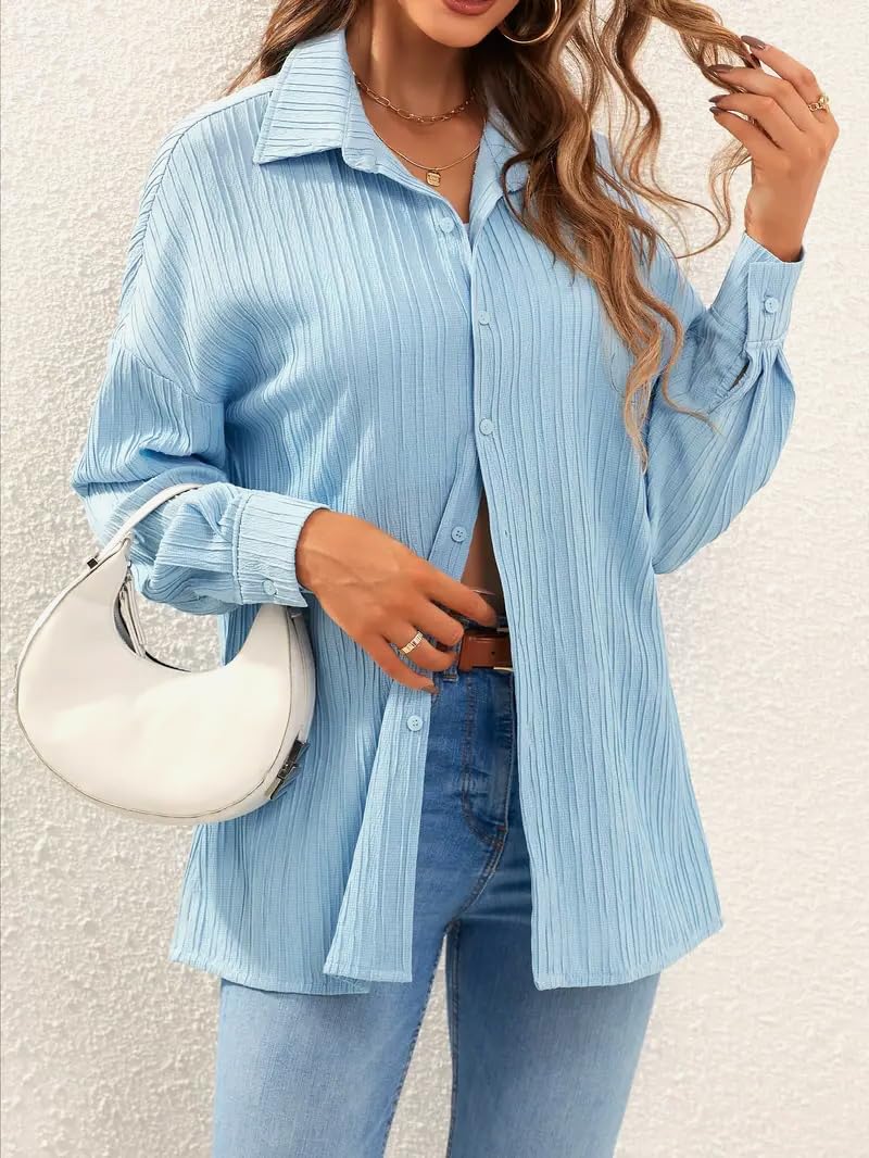CB-COLEBROOK Womens Textured Loose Fit Button Down Shirt (WO-1035_Light Blue
