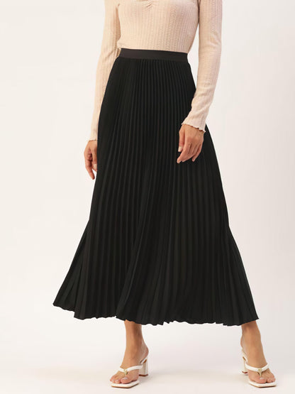 Kzully | Flowing Grace WomenS Satin Accordian Pleat Maxi Flared Skirt Black