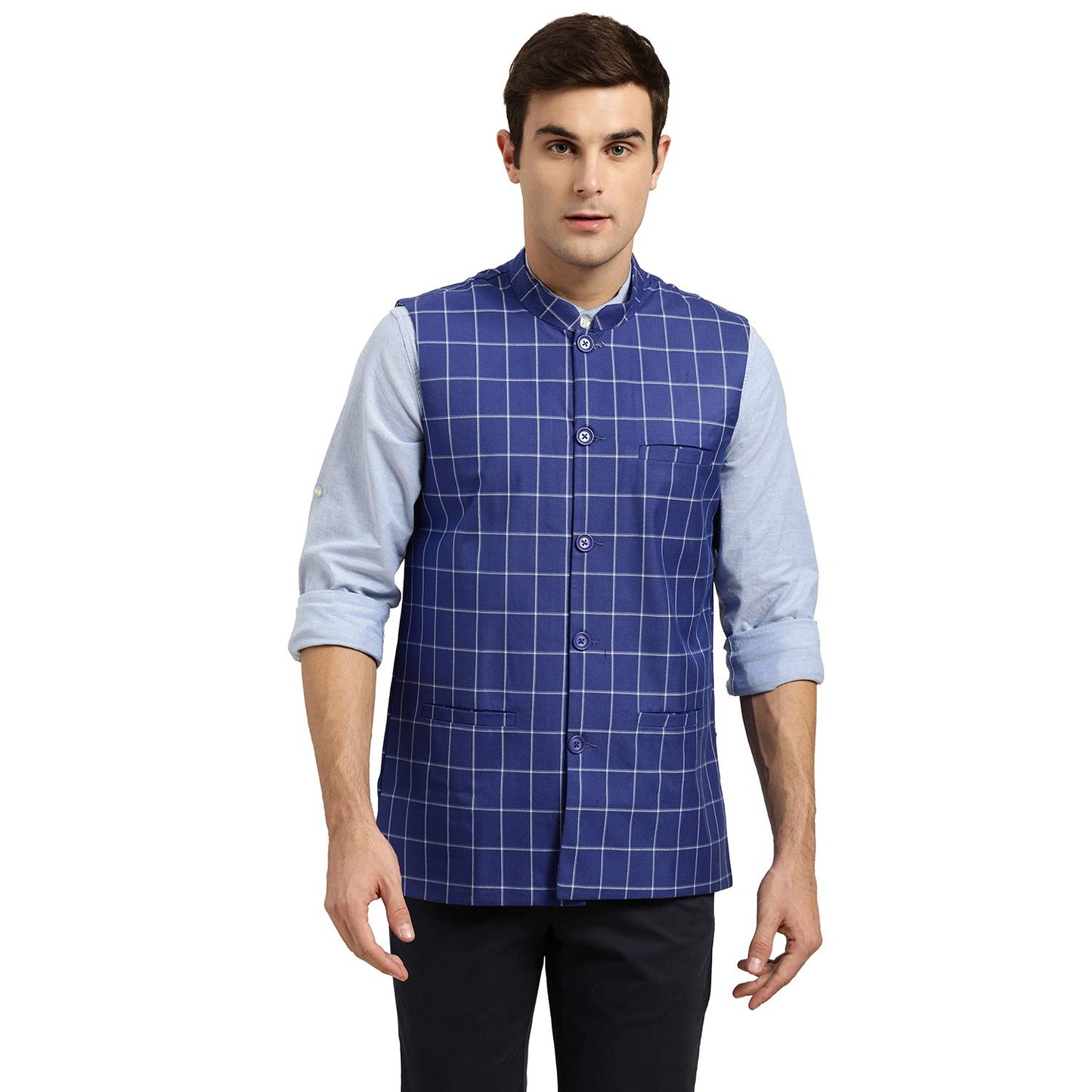SOJANYA (Since 1958, Mens Cotton Blend, Maroon & Off White Checked Nehru Jacket, Size: 42