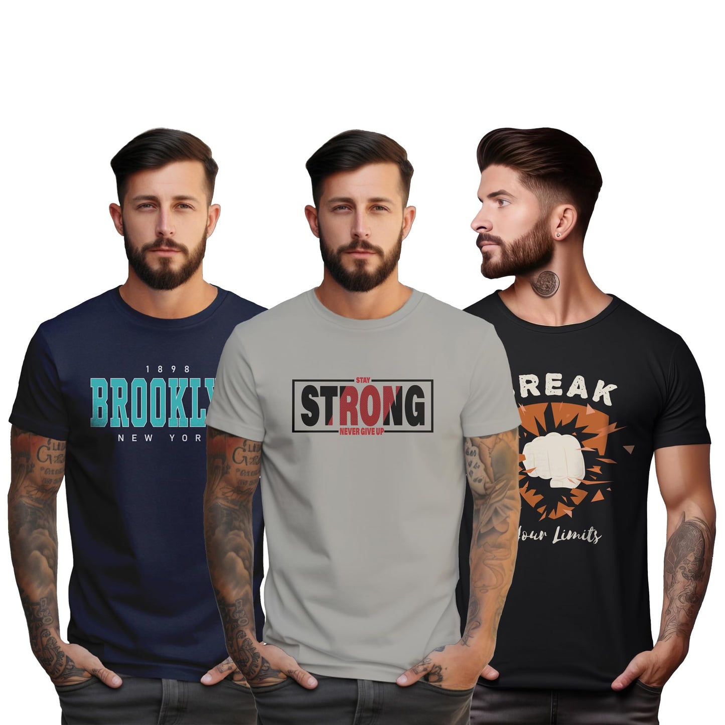 Peppyzone S to 5XL Stylish Printed Cotton Round Neck Tshirt for Men - 100% Cotton, Half Sleeve, Combo Pack of 3 T Shirts for Men