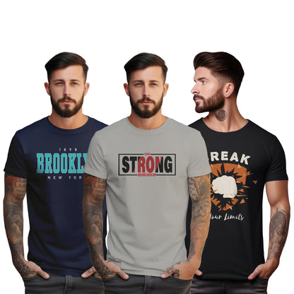 Peppyzone S to 5XL Stylish Printed Cotton Round Neck Tshirt for Men - 100% Cotton, Half Sleeve, Combo Pack of 3 T Shirts for Men