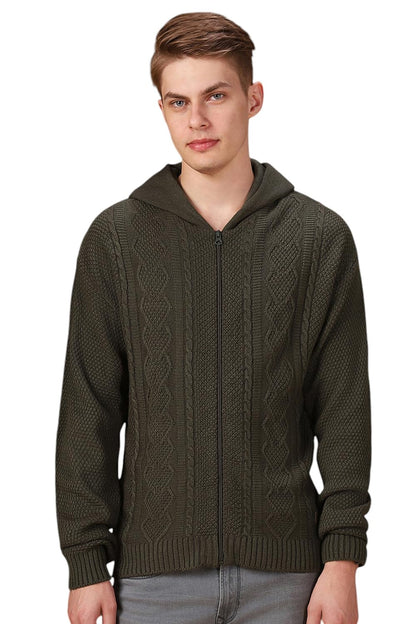 Dennis Lingo Men Solid Acrylic Regular Fit Full Sleeves Cardigan Sweater Olive
