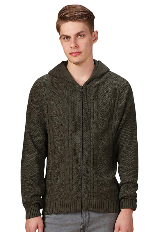 Dennis Lingo Men Solid Acrylic Regular Fit Full Sleeves Cardigan Sweater Olive
