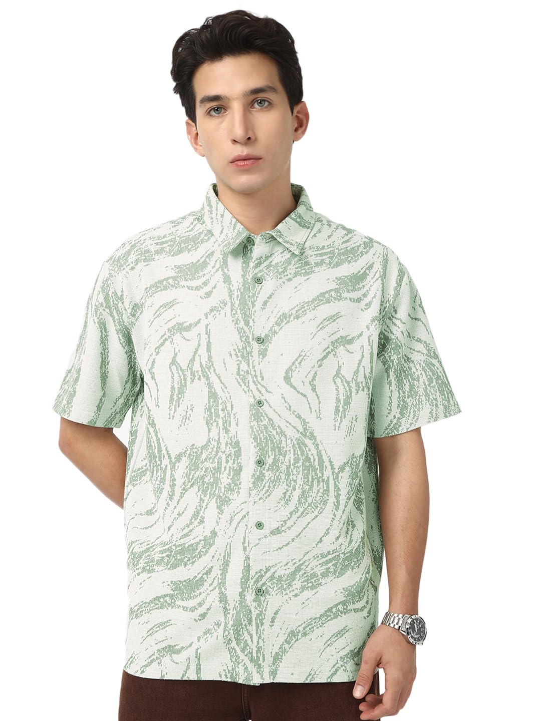 Bewakoof Mens All Over Printed Oversized Fit Half Sleeve Resort Collar Jacquard Shirt_677337_Green_XL