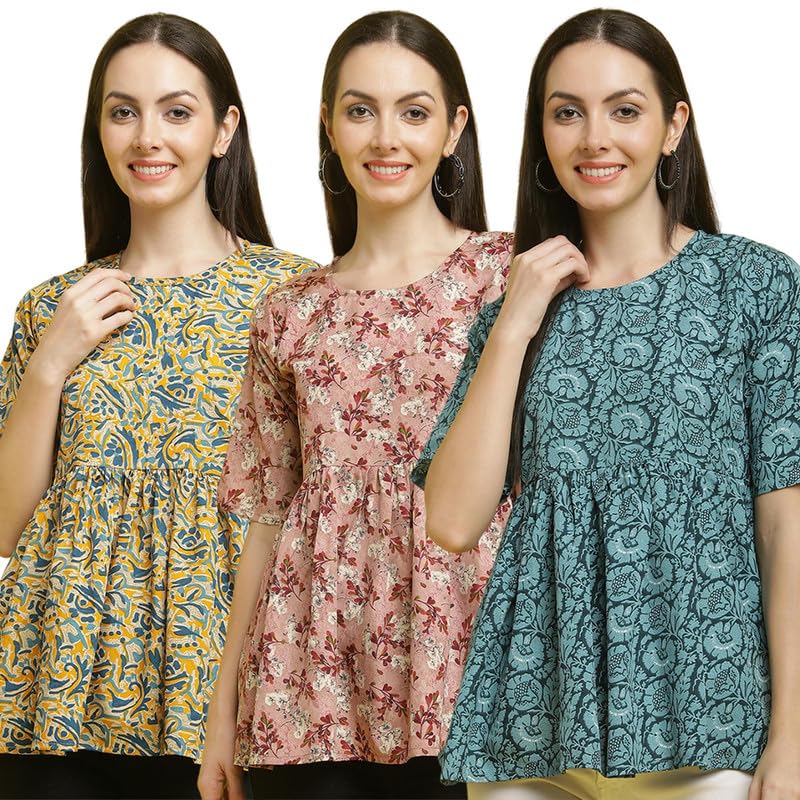 Pinkmint Women Combo Tunic Top for Women ll Fancy Crape Girls Tops ll Regular Fit Casual top (Pack of 3)