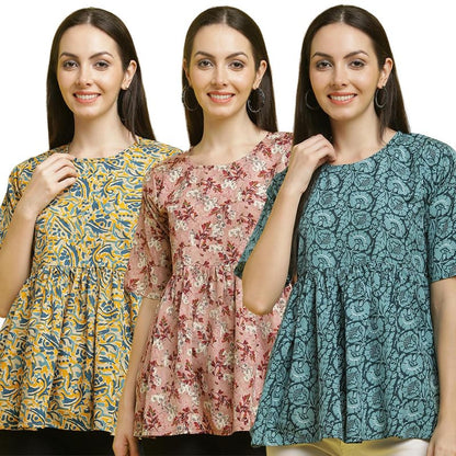 Pinkmint Women Combo Tunic Top for Women ll Fancy Crape Girls Tops ll Regular Fit Casual top (Pack of 3)