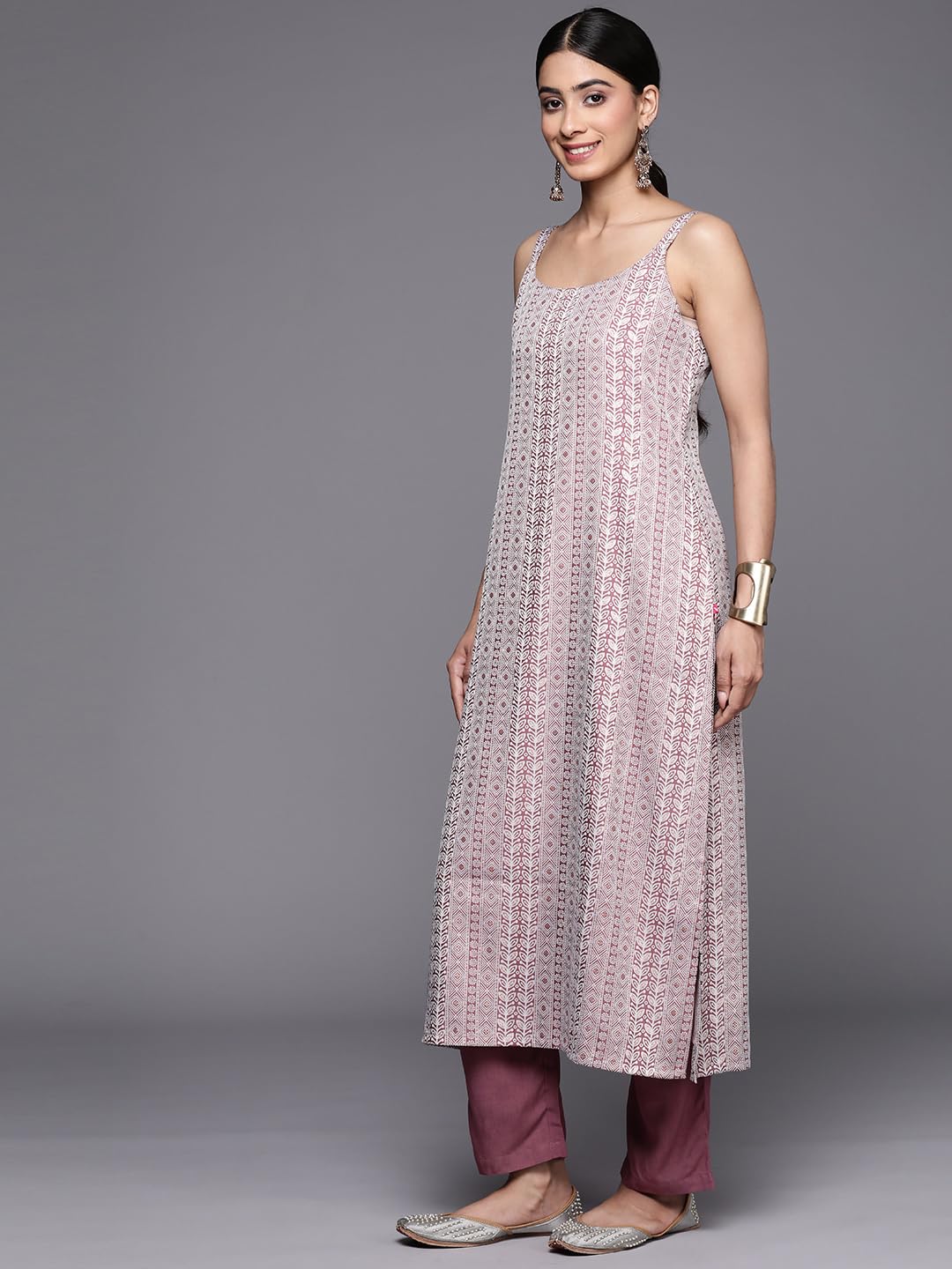 Varanga Women Mauve Embroidered Kurta Paired With Solid Tonal Bottom And Chiffon Dotted Dupatta