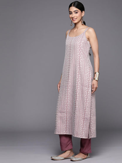 Varanga Women Mauve Embroidered Kurta Paired With Solid Tonal Bottom And Chiffon Dotted Dupatta