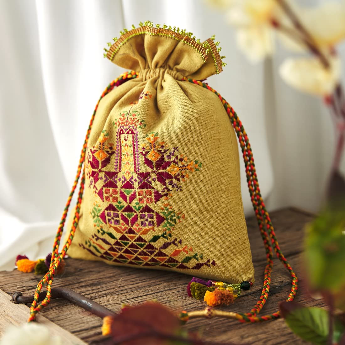 Fabindia Women Green Hand Embroidery Potli Bag