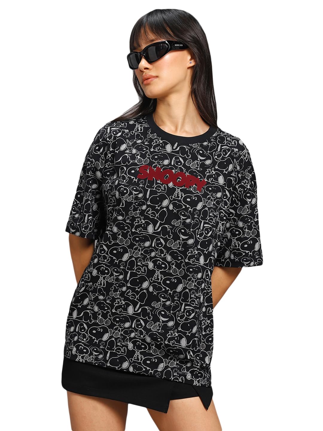 Bewakoof Womens All Over Printed 100% Cotton T-Shirt Oversized Fit,Round Neck, Half Sleeve_580374_Black_XS