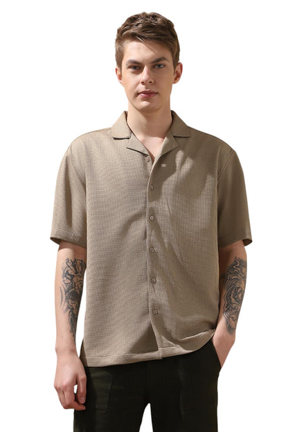 Dennis Lingo Men Relaxed Fit Beige Half Sleeves Polyester Casual Shirt