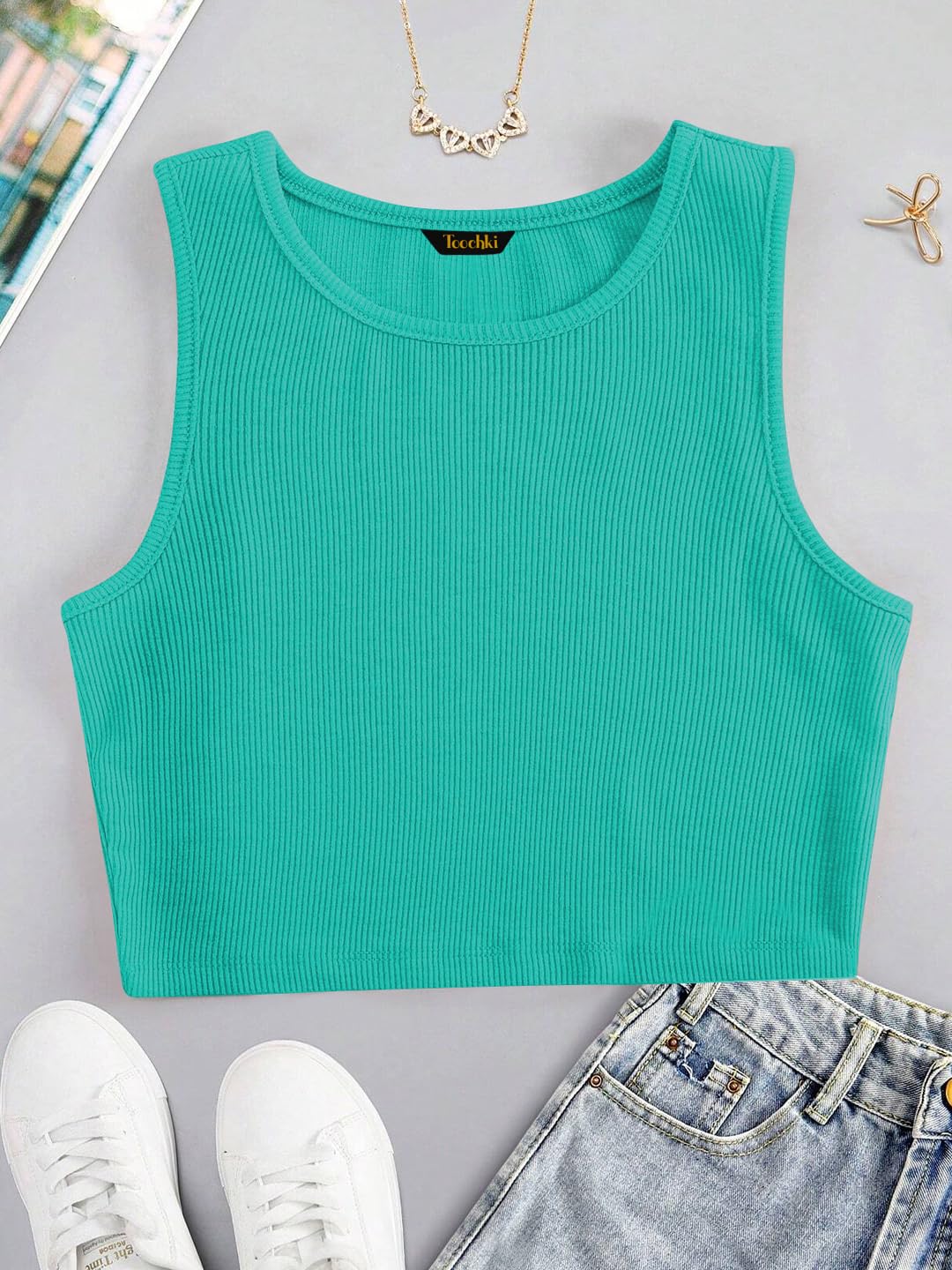 Toochki Tops for Woman | Spandex Top | Crop | Short | Western | for Jeans | Sleeveless | Stretchable | Tarquis Turquiose