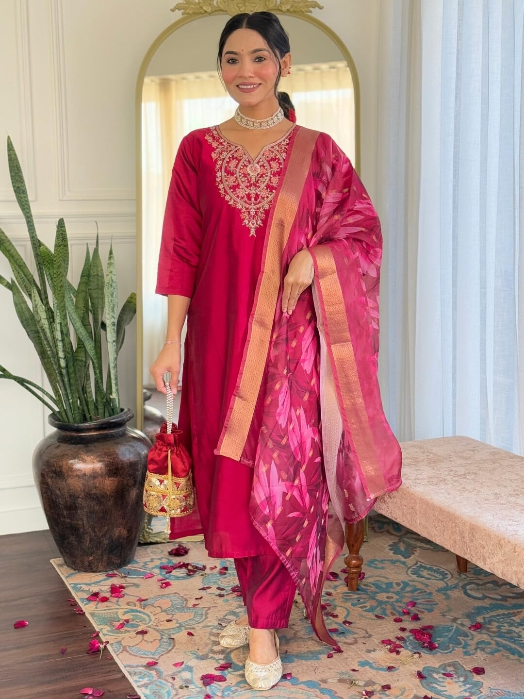 Naixa WomenS Maroon Chanderi Embroidered Straight Kurta With Chanderi Pant And Jacquard Printed Dupatta Sets (Nx-Or-K97-Maroon-