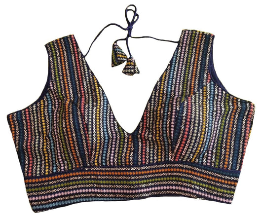 Pujia Mills Womens Sleeveless Readymade sabyasachi Pattern V Neck Blouse Embroidery Work with Sequence Blouse Indian Ethnic wea