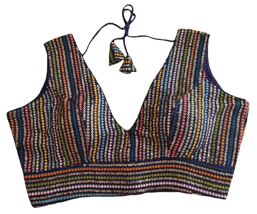 Vihu Fashion Womens Sleeveless Readymade sabyasachi Pattern V Neck Blouse Embroidery Work with Sequence Blouse Indian Ethnic we