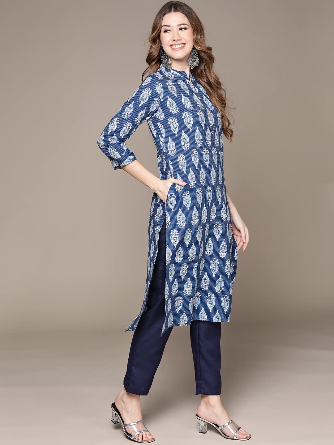 anubhutee Women Blue Ethnic Motifs Printed Woven Design Pure Cotton Kurta with Trousers