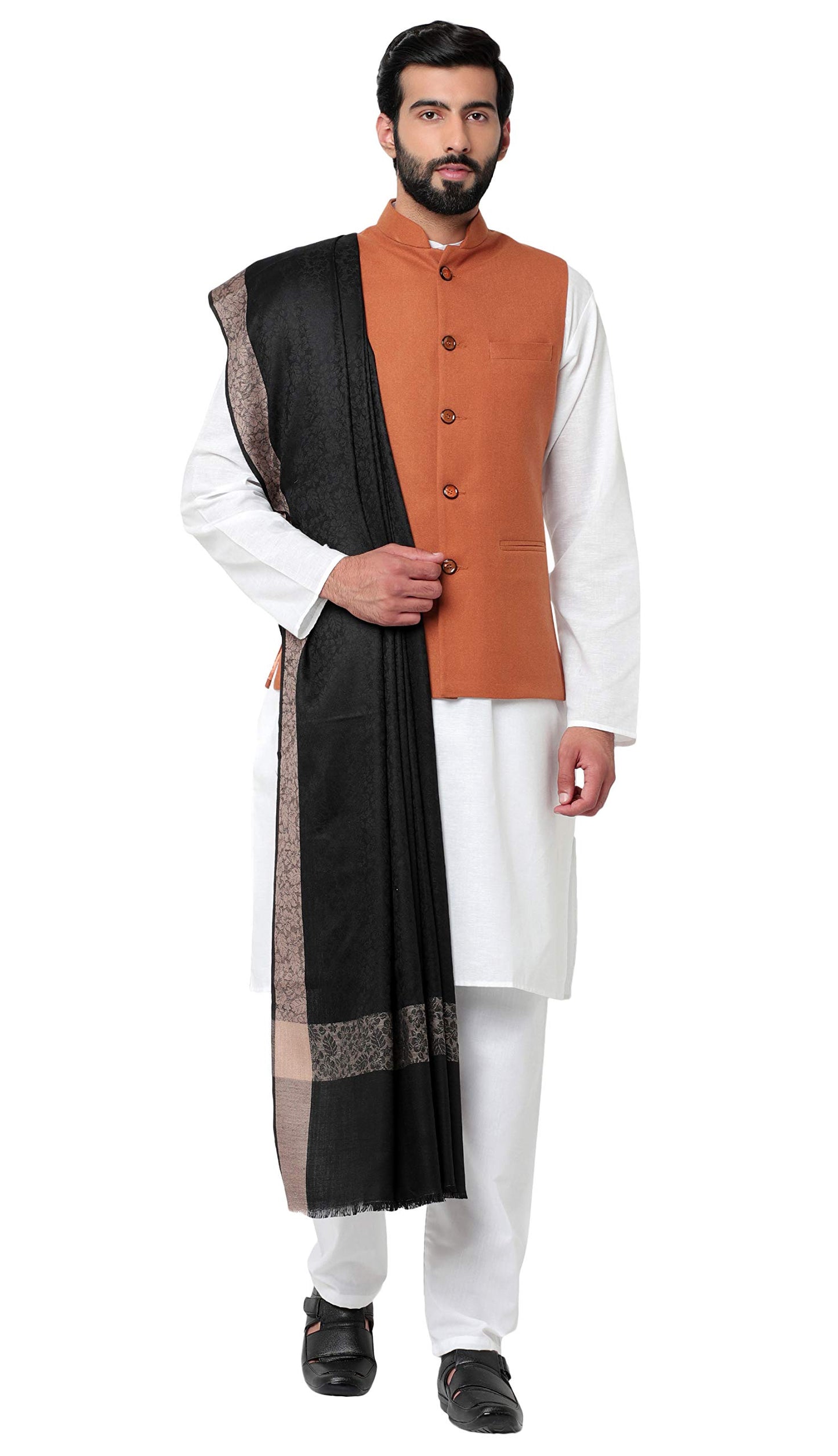 Weavers Villa MenS Woven Border Pure Wool Lohi/Woollen Shawl, 125Cm X 250Cm