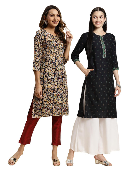 rangita Women Rayon Floral Printed Knee Length Straight Kurti (Pack of 2)