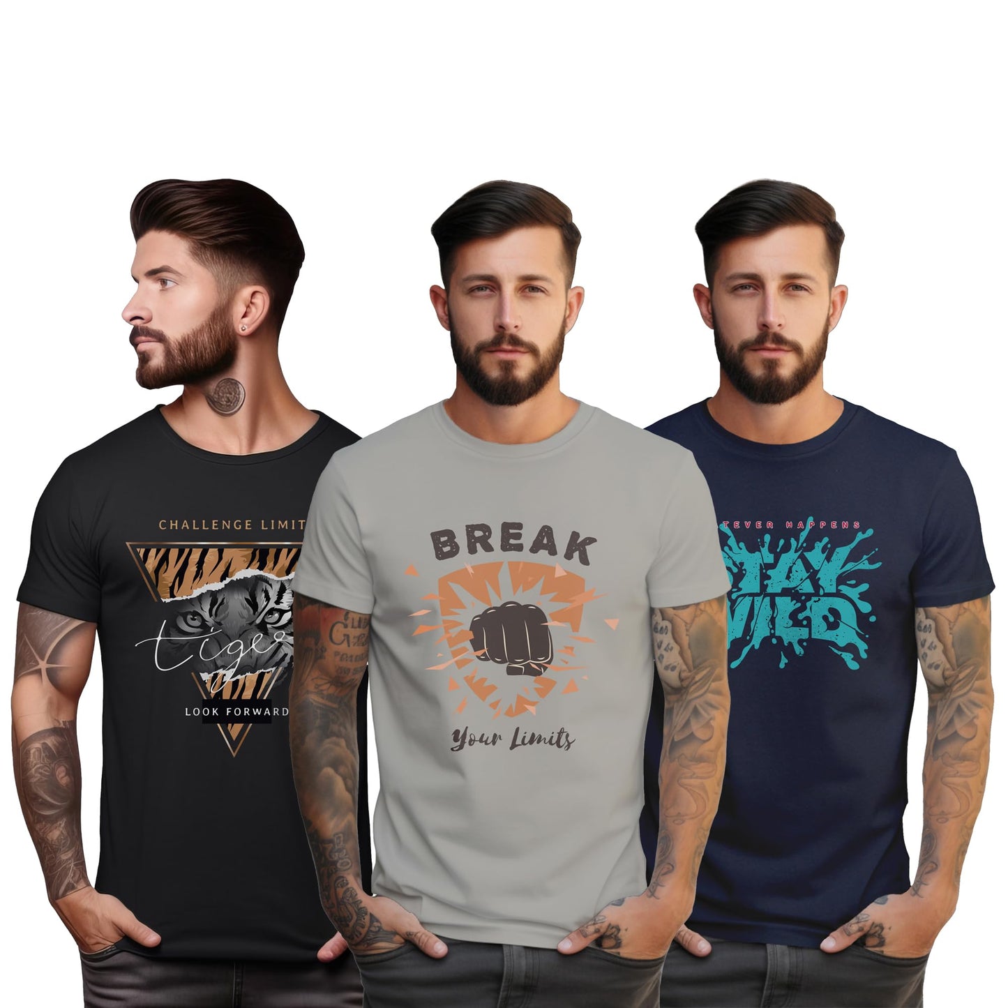 Peppyzone S to 5XL Stylish Printed Cotton Round Neck Tshirt for Men - 100% Cotton, Half Sleeve, Combo Pack of 3 T Shirts for Men