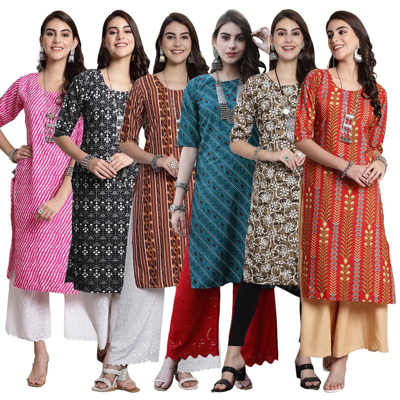 Pinkmint WomenS Crepe Kurti Round Neck Straight Kurti For Women Comfortable Kurti Regular Wear Kurti For WomenS (Pack Of 6)