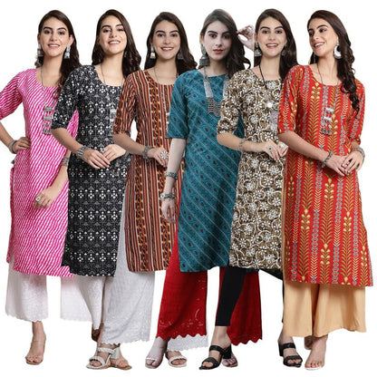 Pinkmint WomenS Crepe Kurti Round Neck Straight Kurti For Women Comfortable Kurti Regular Wear Kurti For WomenS (Pack Of 6)