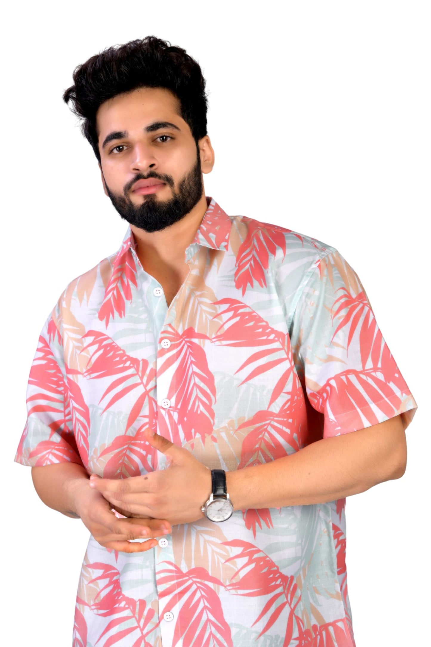 Brown Culture MenS Cotton Blend Leaf Print Shirt With Spread Collared Half Sleeves Standard Length And Button Down Closure Type