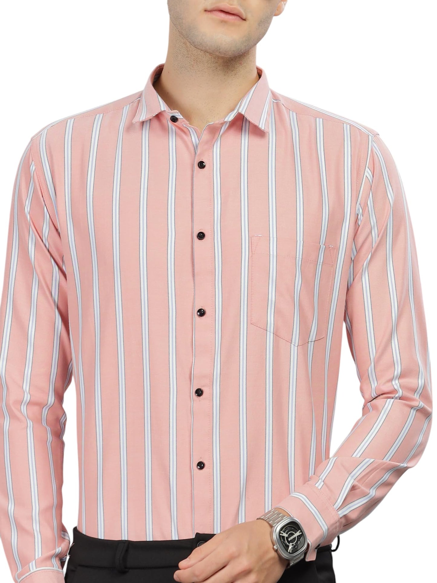 Mildin MenS Pure Cotton Striped Printed Shirt With Spread Collared Neck Full Sleeve Curved Hemline Button Closure And Regular F
