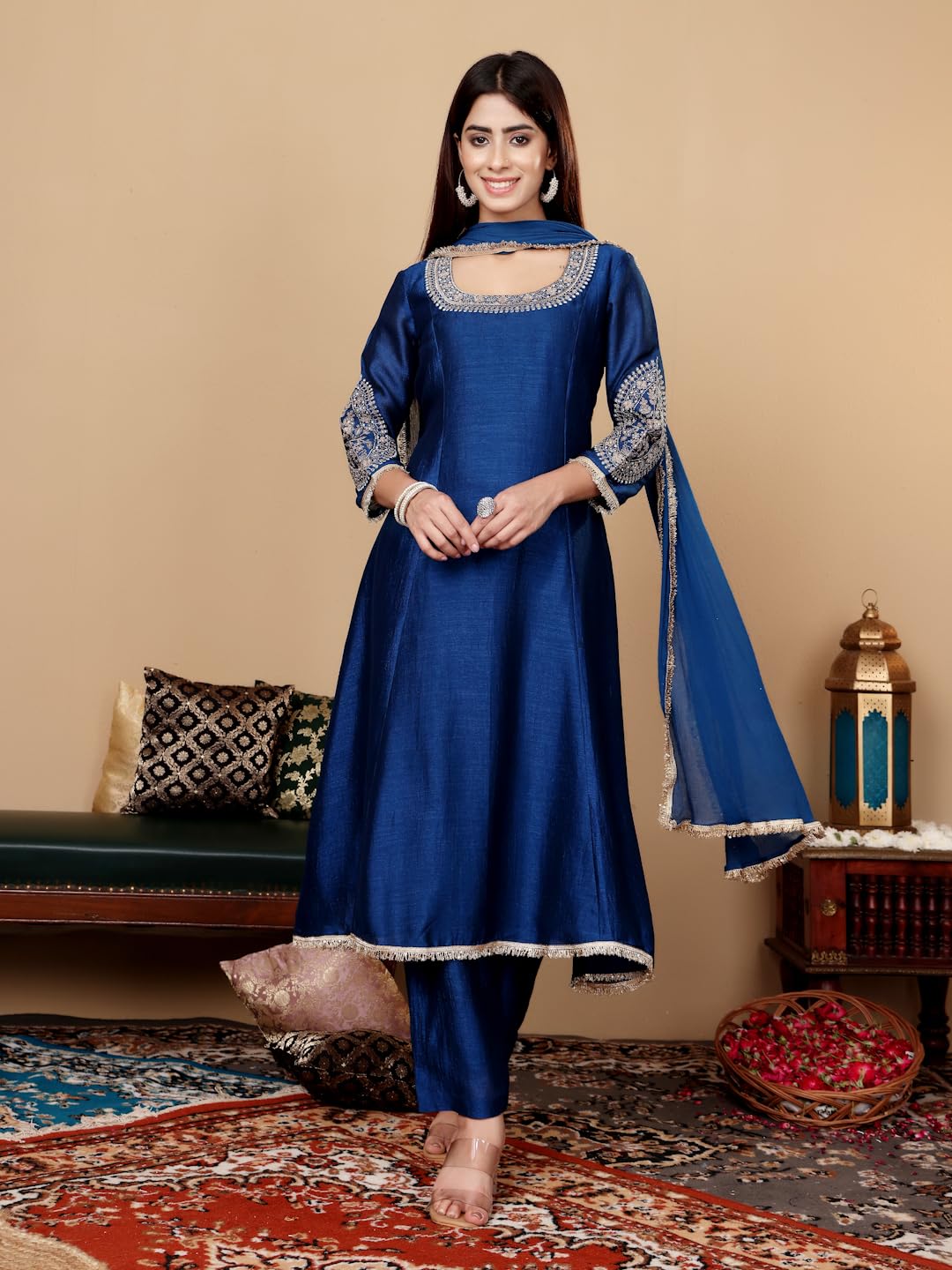Varanga Women Ethnic Motifs Embroidered Panelled Kurta with Palazzos & Dupatta