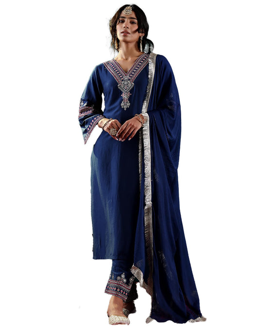 Varanga Women Blue Embroidered Straight Kurta Paired With Tonal Embroidered Bottom And With Tonal Chiffon Dotted Dupatta
