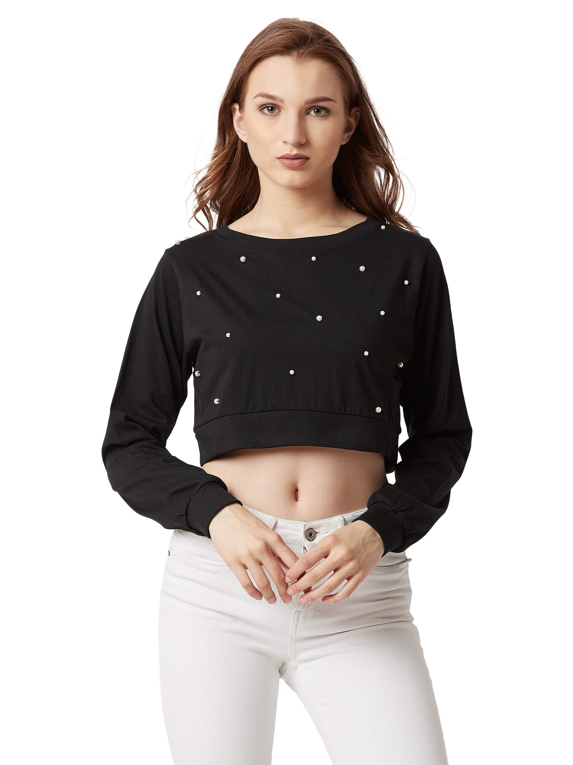 Miss Chase WomenS Black Cotton Pearl Crop Top(Mcss18Tp11-36-62-06_Black_X-Large)