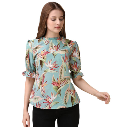 Gufrina WomenS Rayon Top With Half Sleeves High Round Neck Floral Printed Regular Fit Western Style And Standard Length