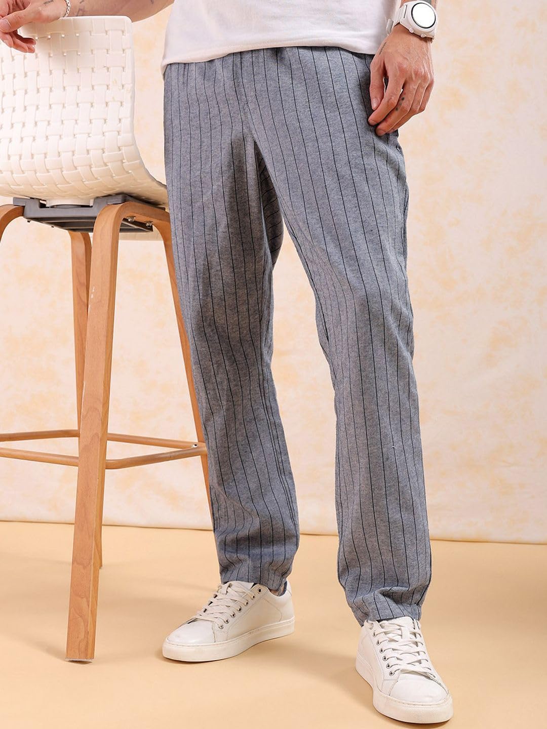 The Indian Garage Co Men Regular Fit Vertical Striped Mid-Rise Elasticated Trousers Dark Blue