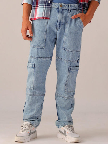 The Indian Garage Co Men Dad Fit Solid Mid-Rise Cargo Denim