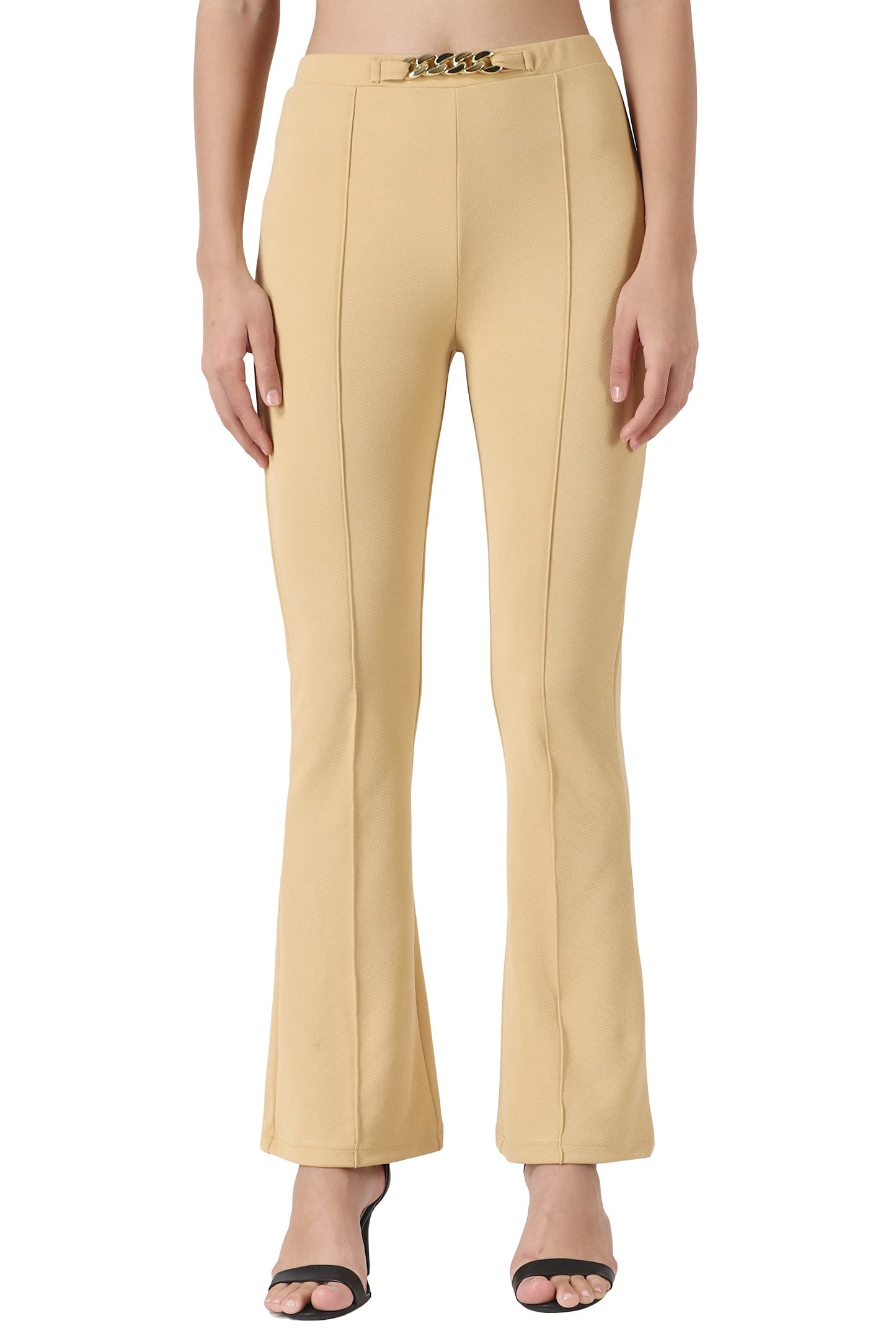 POPWINGS Solid Full-Length Polyester Regular-Fit Trouser Pants for Women for Casual and Semi Formal Wear Golden Skin