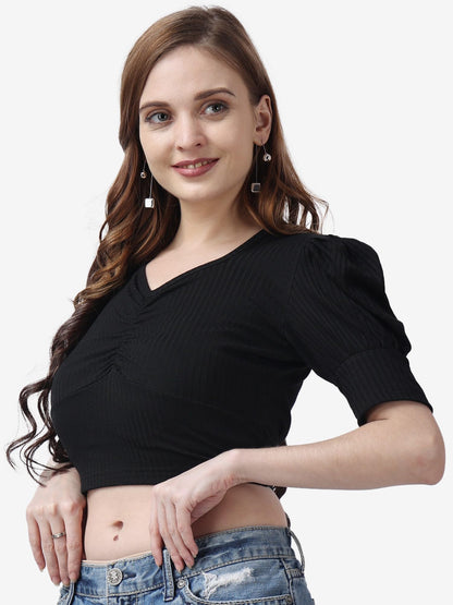 POPWINGS Casual Puff-Sleeves Ribbed Crop Top for Women || Sweet Heart Neck Summer Crop Top for Women || Crop Tops for Women Late