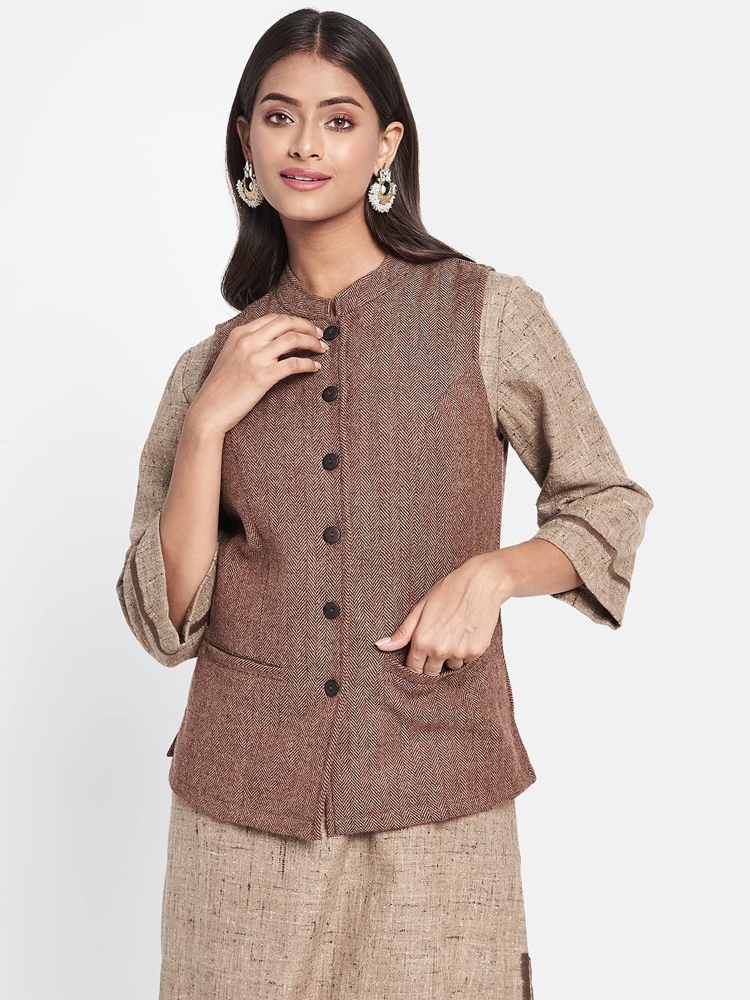 Fabindia Women Wool Slim Fit Jacket Brown_XXL
