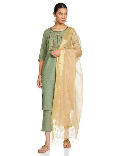 Aurelia Women's Cotton Green Solid Round Neck Straight Kurta Set