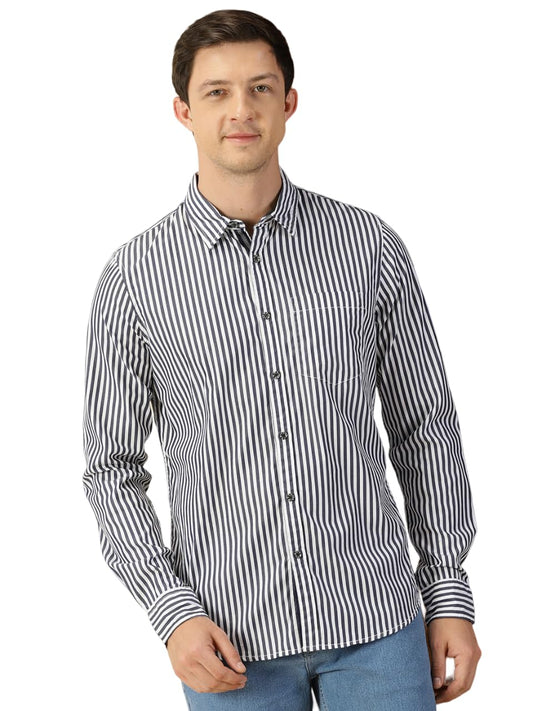 Thomas Scott Mens 100% Cotton Full Sleeves Slim Fit Solid Casual Shirt Dark Navy